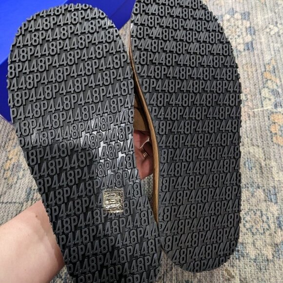 NWT P448 | Women's Fergie Platform Slide Sandals in Cognac Suede - Picture 6 of 14